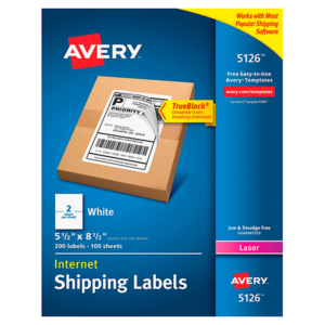 Etiquetas de envío láser para Internet Avery, 5 1/2 "x 8 1/2", blancas, 2 etiquetas / hoja, 100 hojas / caja (5126)