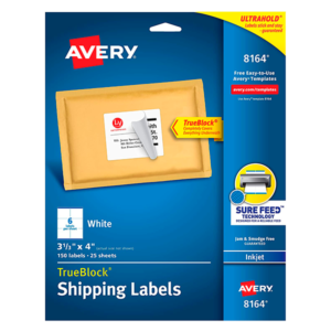 Etiquetas de envío de inyección de tinta Avery TrueBlock, tecnología Sure Feed, 3 1/3 "x 4", blanco, 6 etiquetas / hoja, 25 hojas / paquete (08164)
