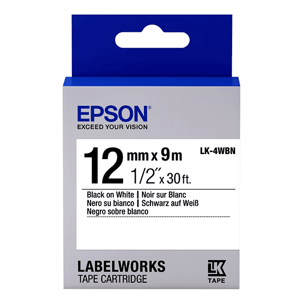 Cartucho de cinta Epson LabelWorks LK estándar 1/2" negro sobre blanco (LK-4WBN)
